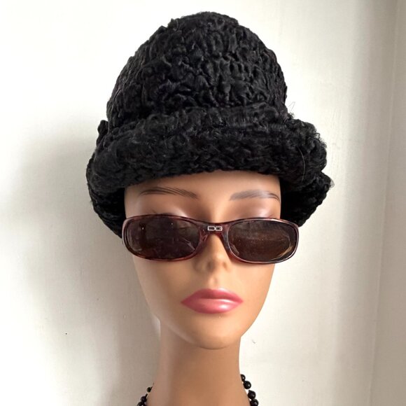 Vintage 60s Aviators Russian Pot-Poht Curly Lamb Earflaps Black Warm Winter Hat main image 8